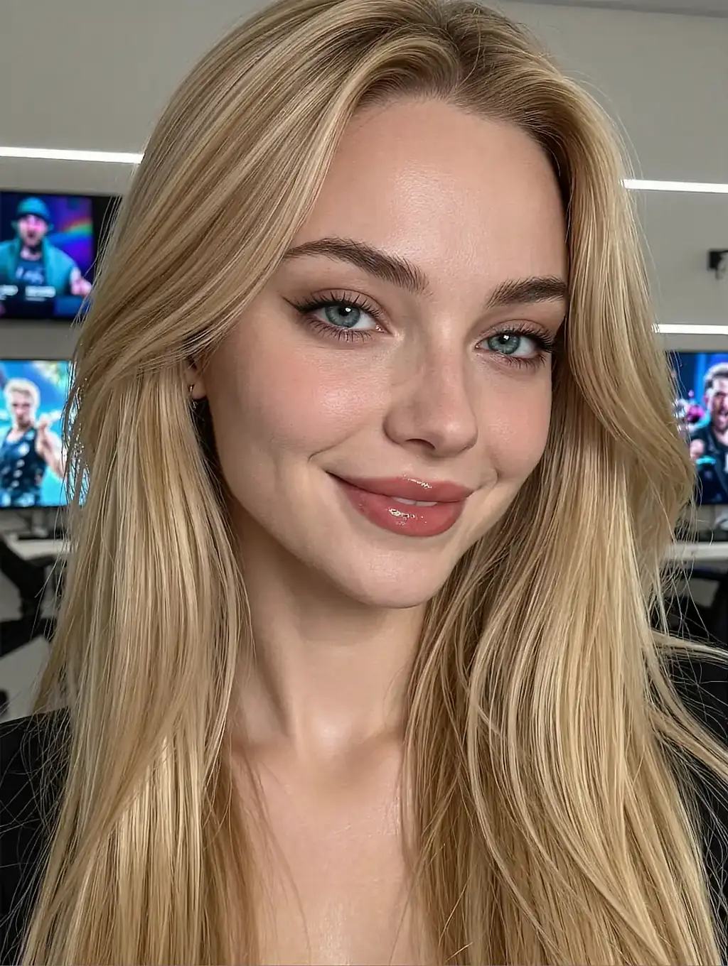 Blonde fictional AI character smiling in front of a wall of blurred screens