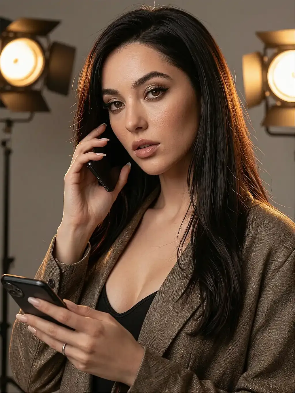 Fictional AI character in a beige jacket holding a phone to her ear under studio lamps