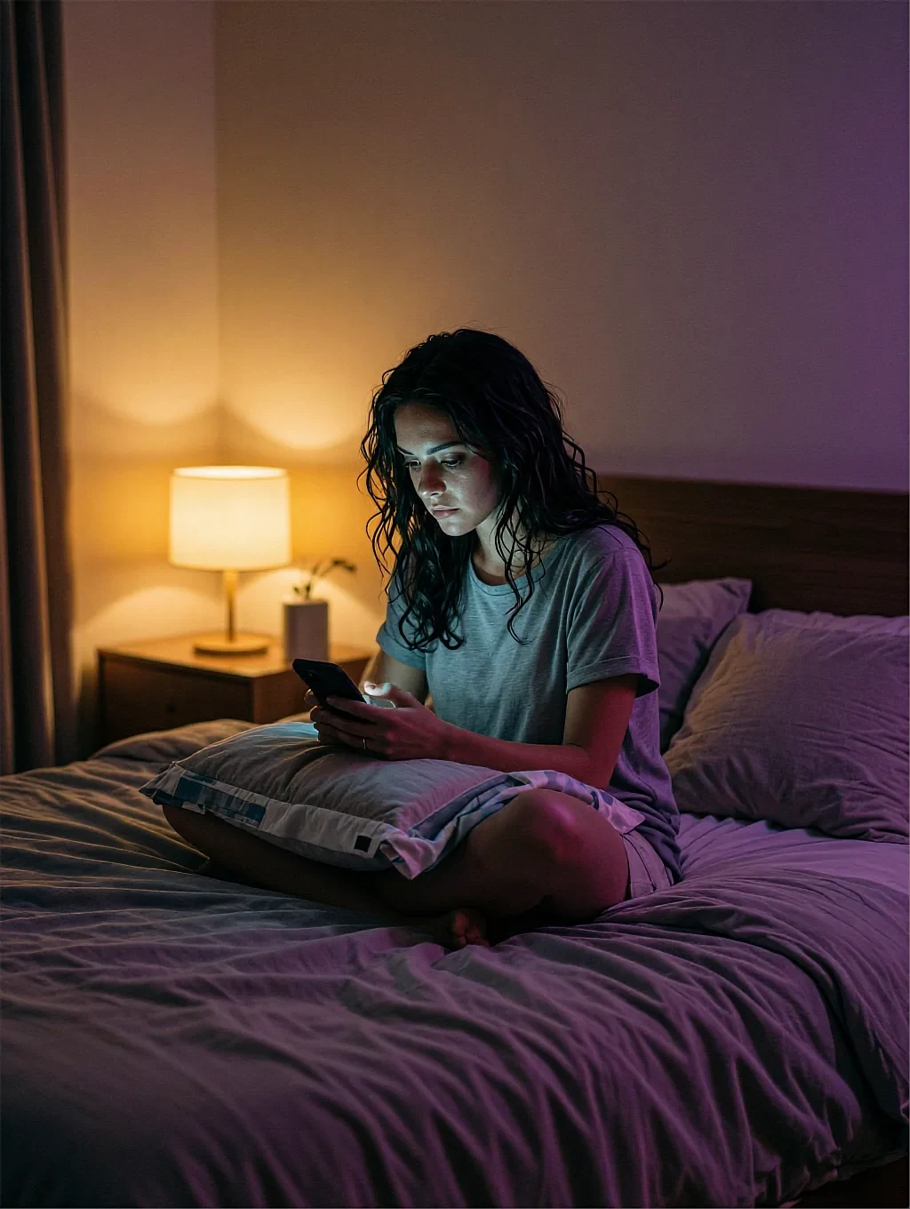 Fictional AI character cross-legged on a bed with a laptop, one lamp lit in a dim room