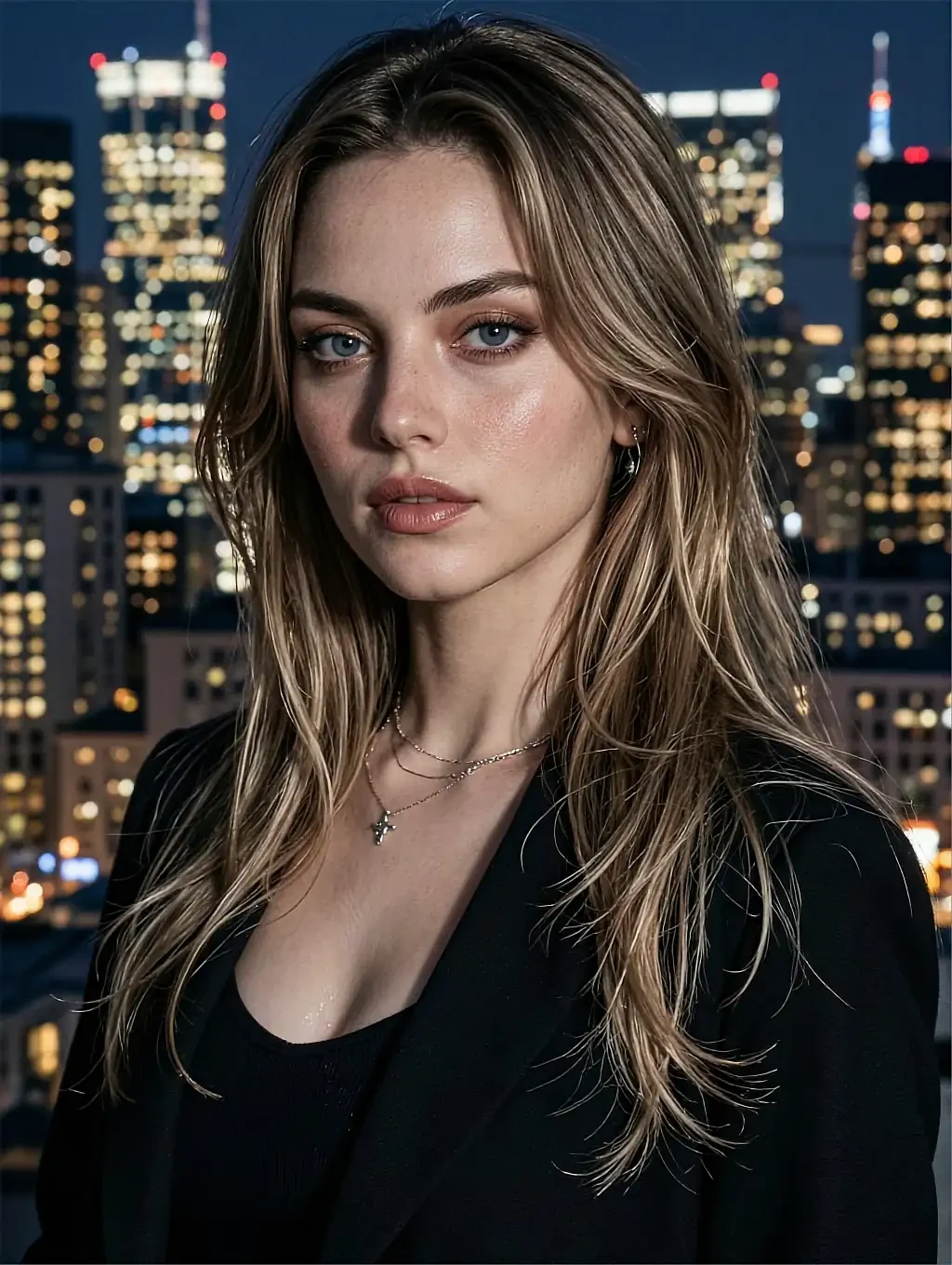 Fair-haired fictional AI character in a black top at a high window over a lit city